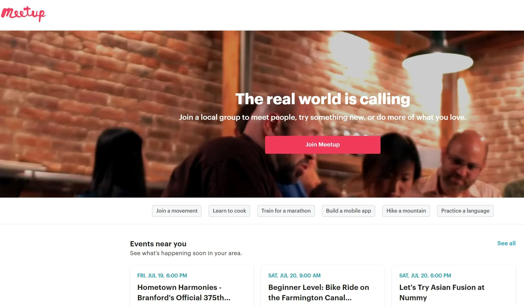 Meetup homepage