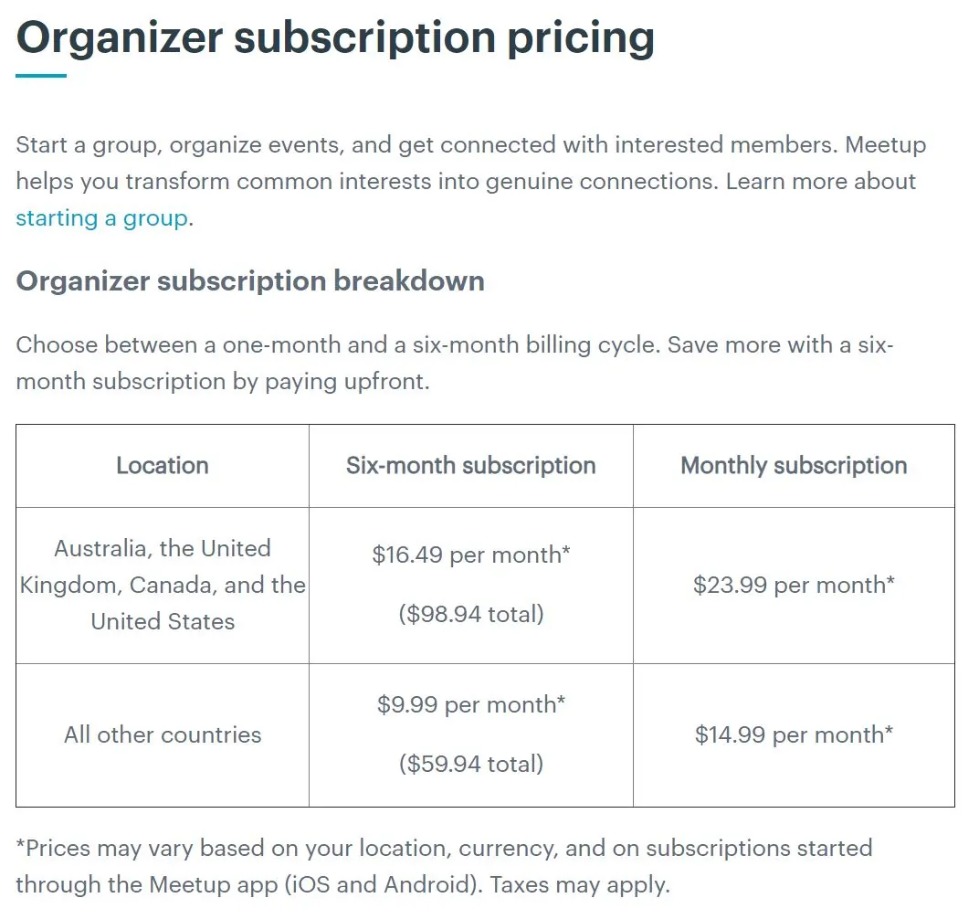 Meetup pricing plan