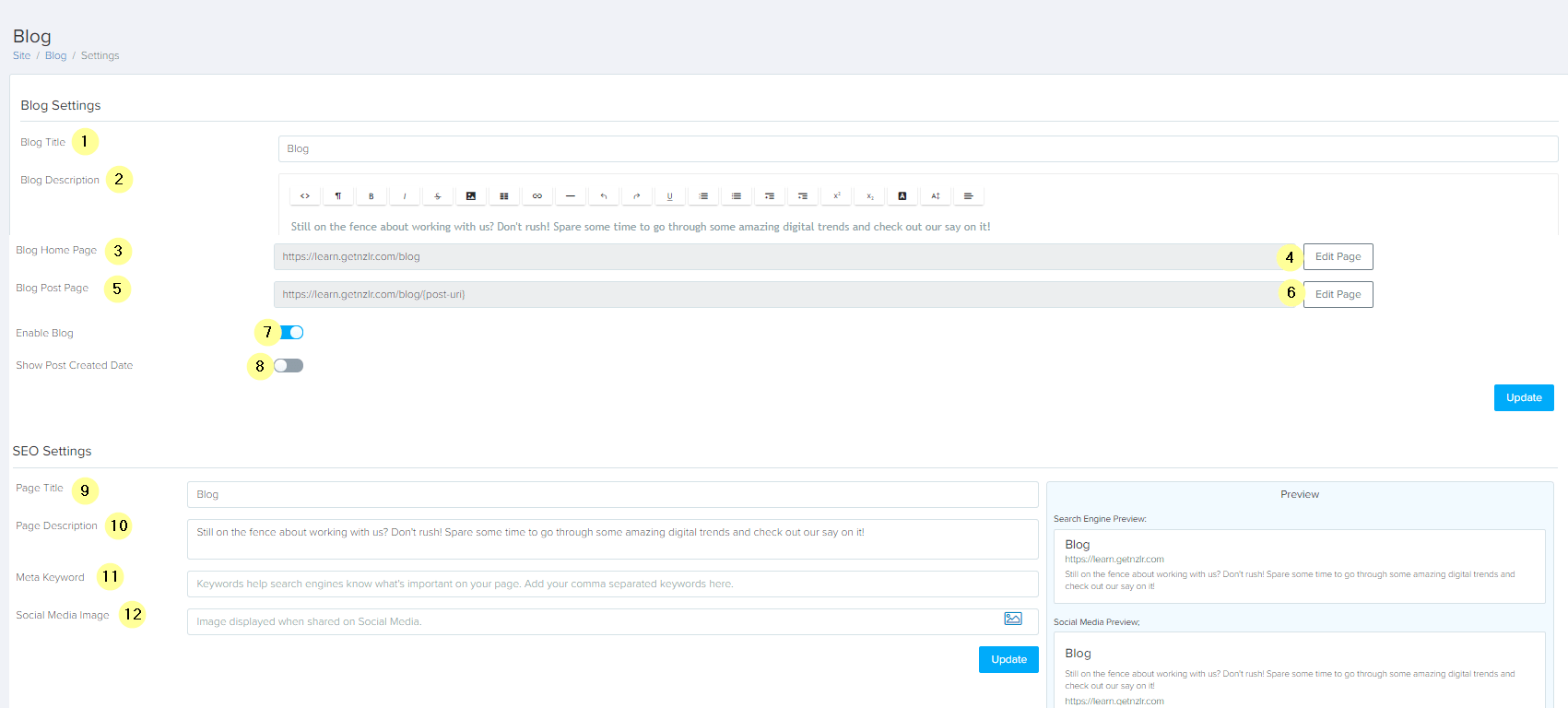 Blog settings Blog settings