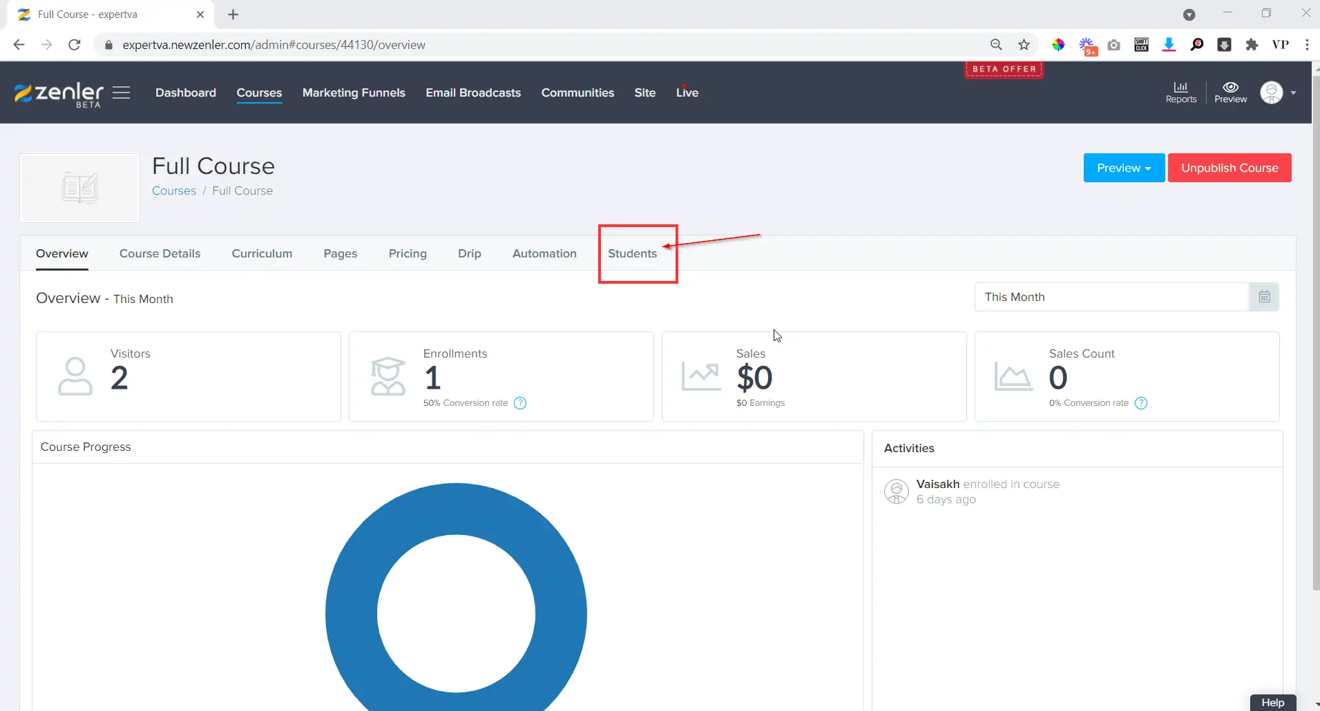 Click on the students tab