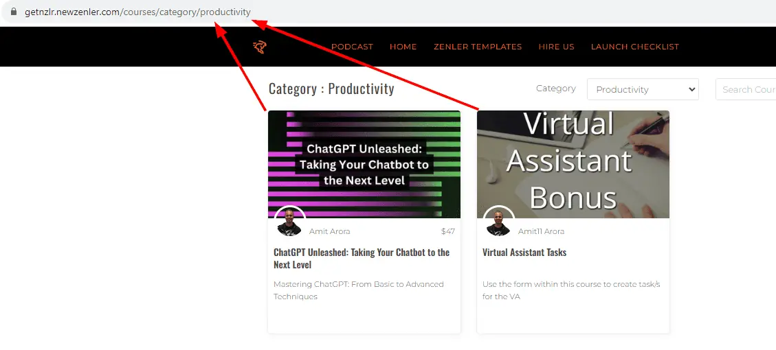 Course category page in New Zenler