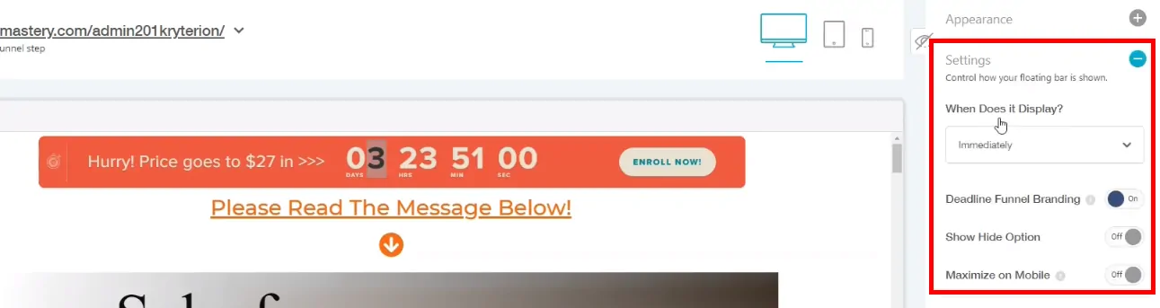 Deadline Funnel Floating Bar -Display Settings How To Use Deadline Funnel In Your Online Course 6
