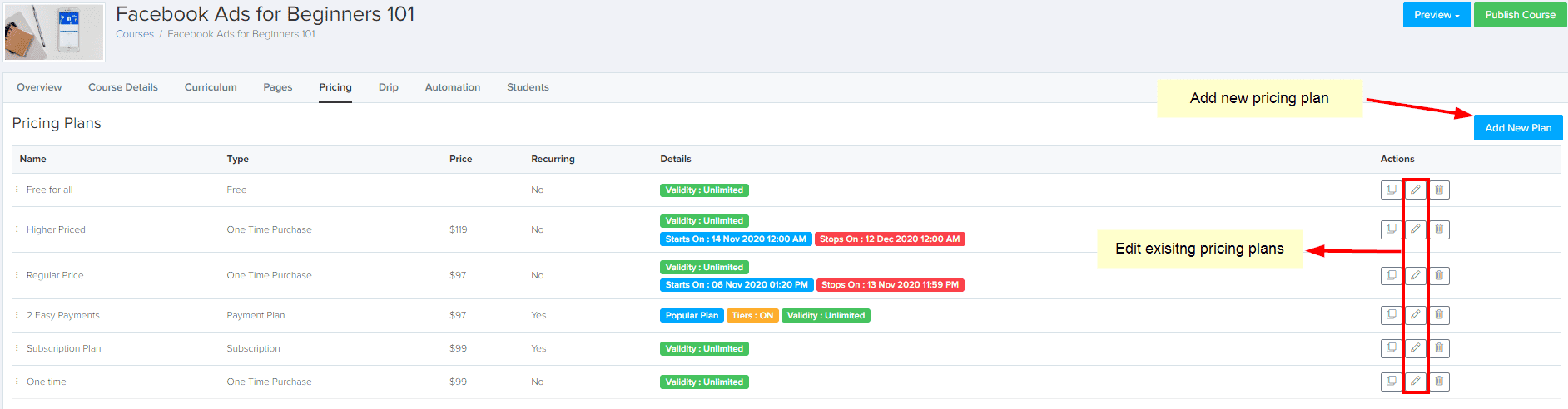 Edit or add pricing plan in New Zenler