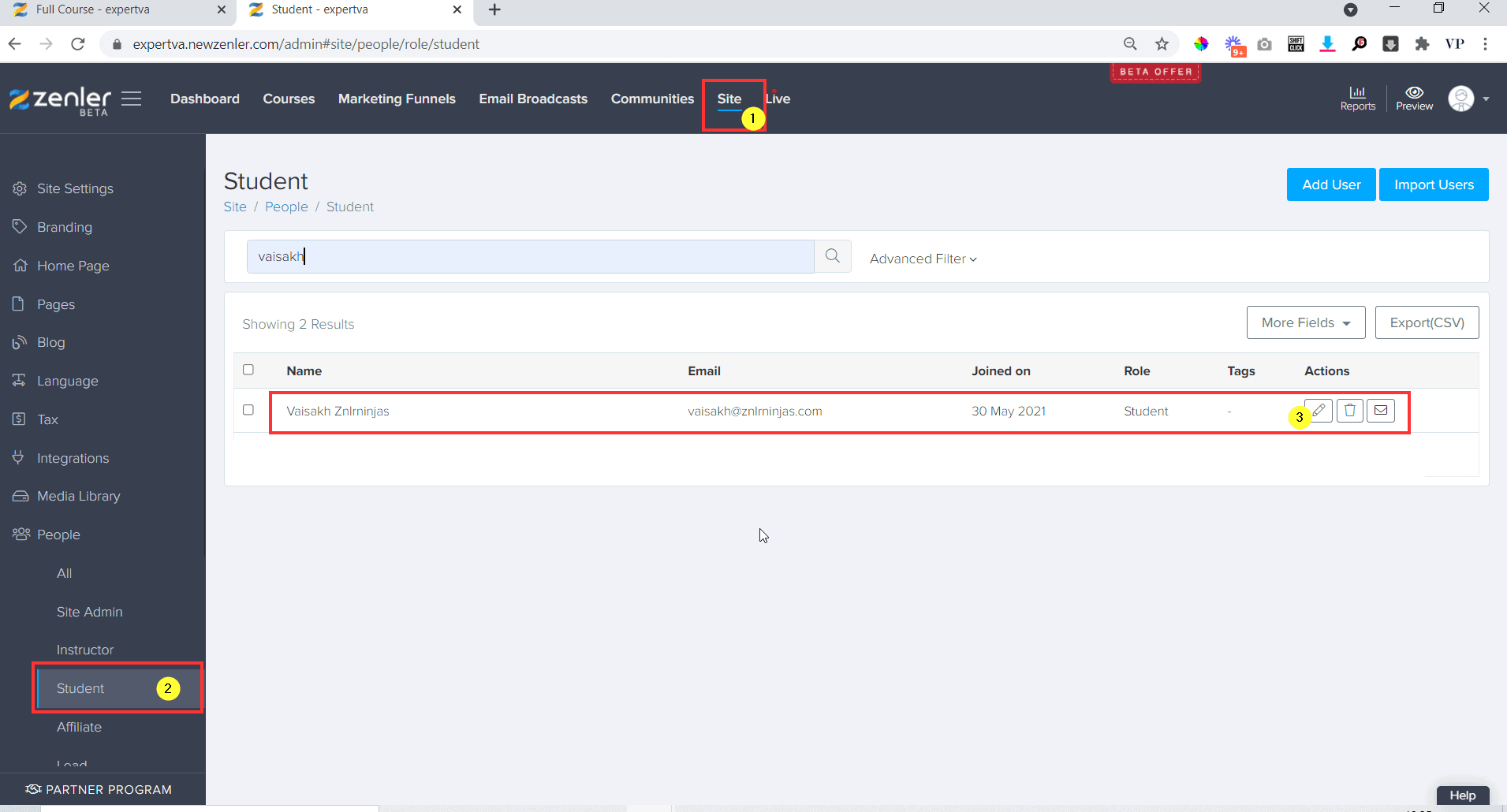 Go to Site people student and search the name of the student and click on edit button near the student details