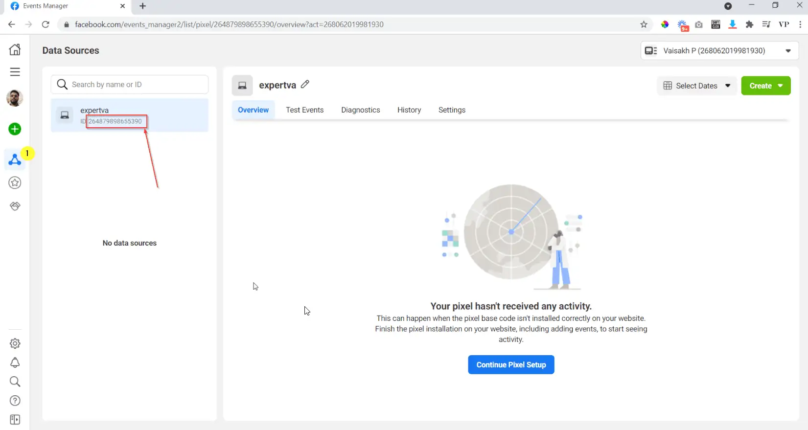 Go to ads manager Go to events manager and copy the pixel id from Data sources