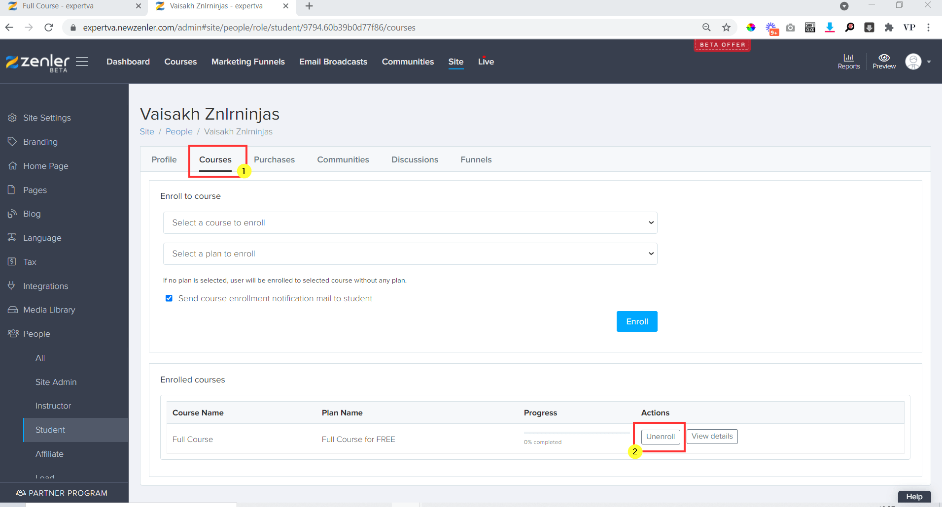 Go to the courses tab in the student details and click unenrol for the selected course