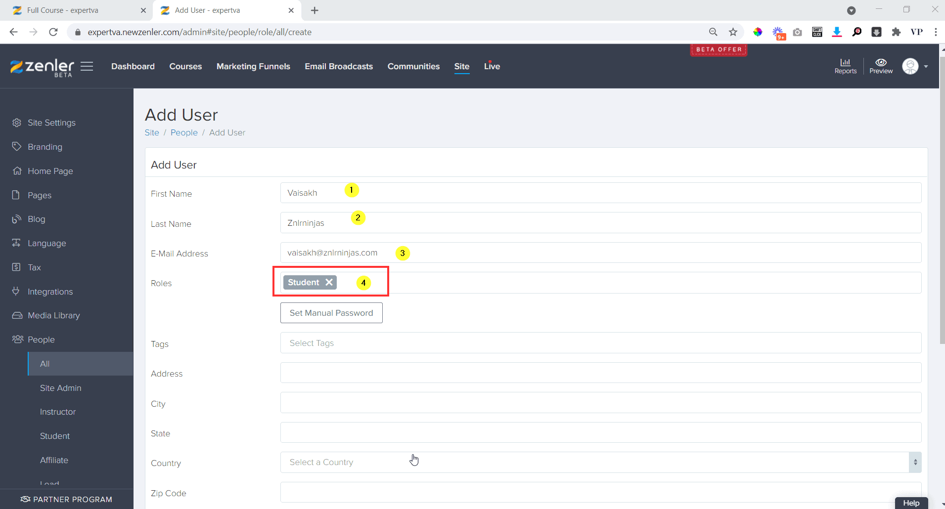 In the add user window, put in the details like name email etc.