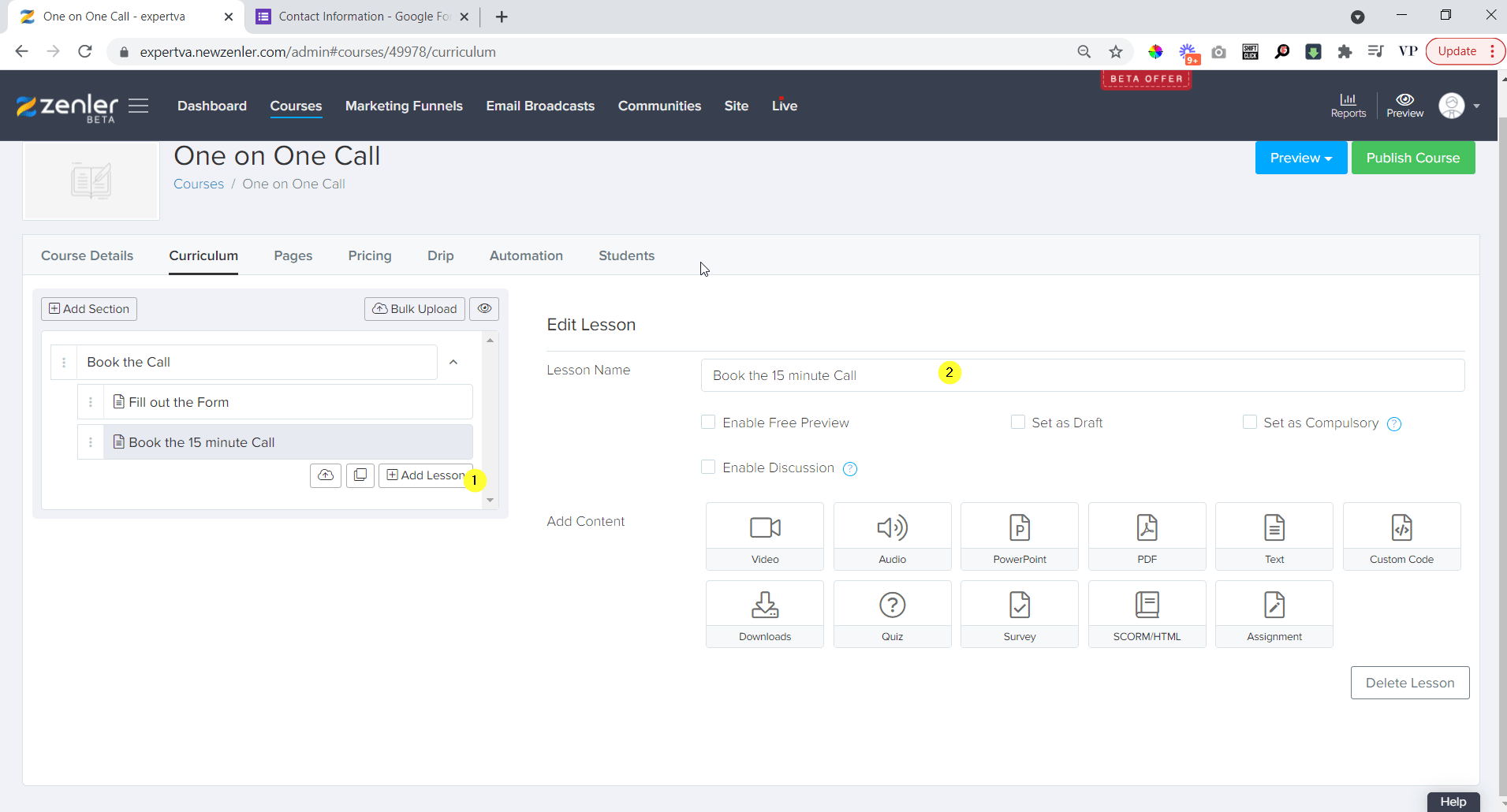 Now create another lesson which says book a call Now create another lesson which says book a call