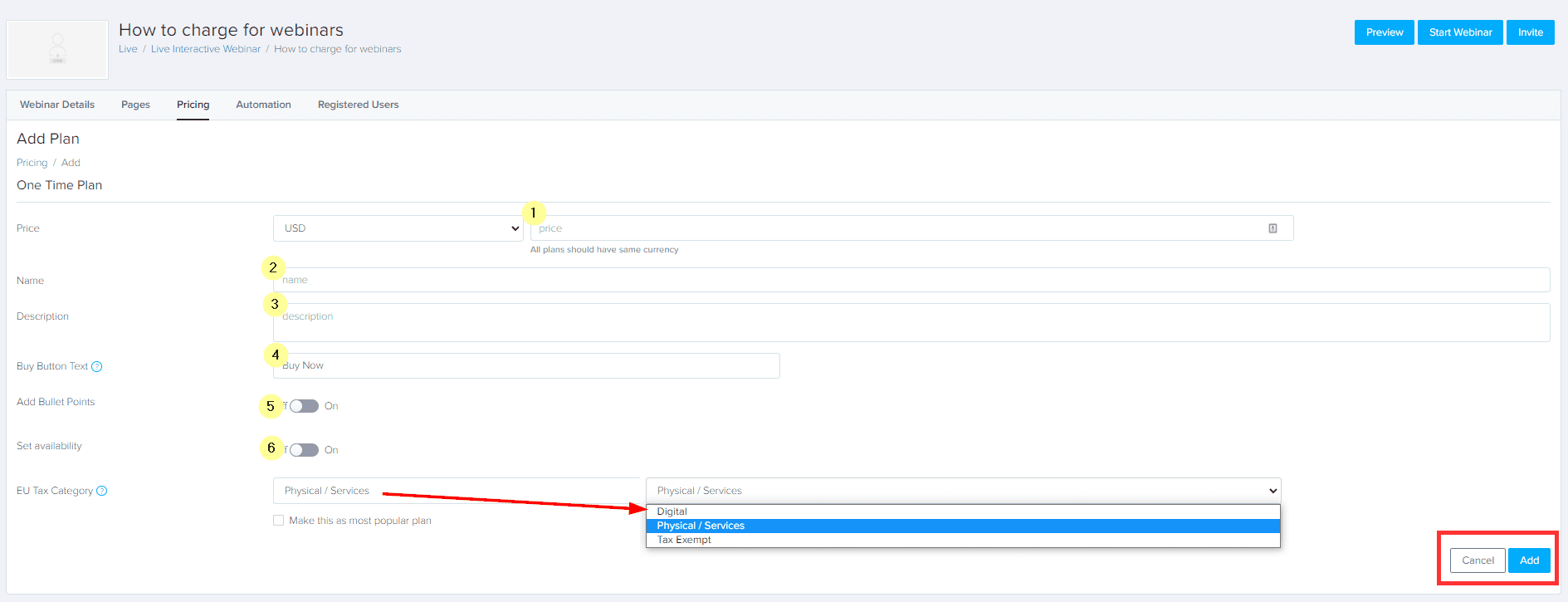 Step 5 - pricing options