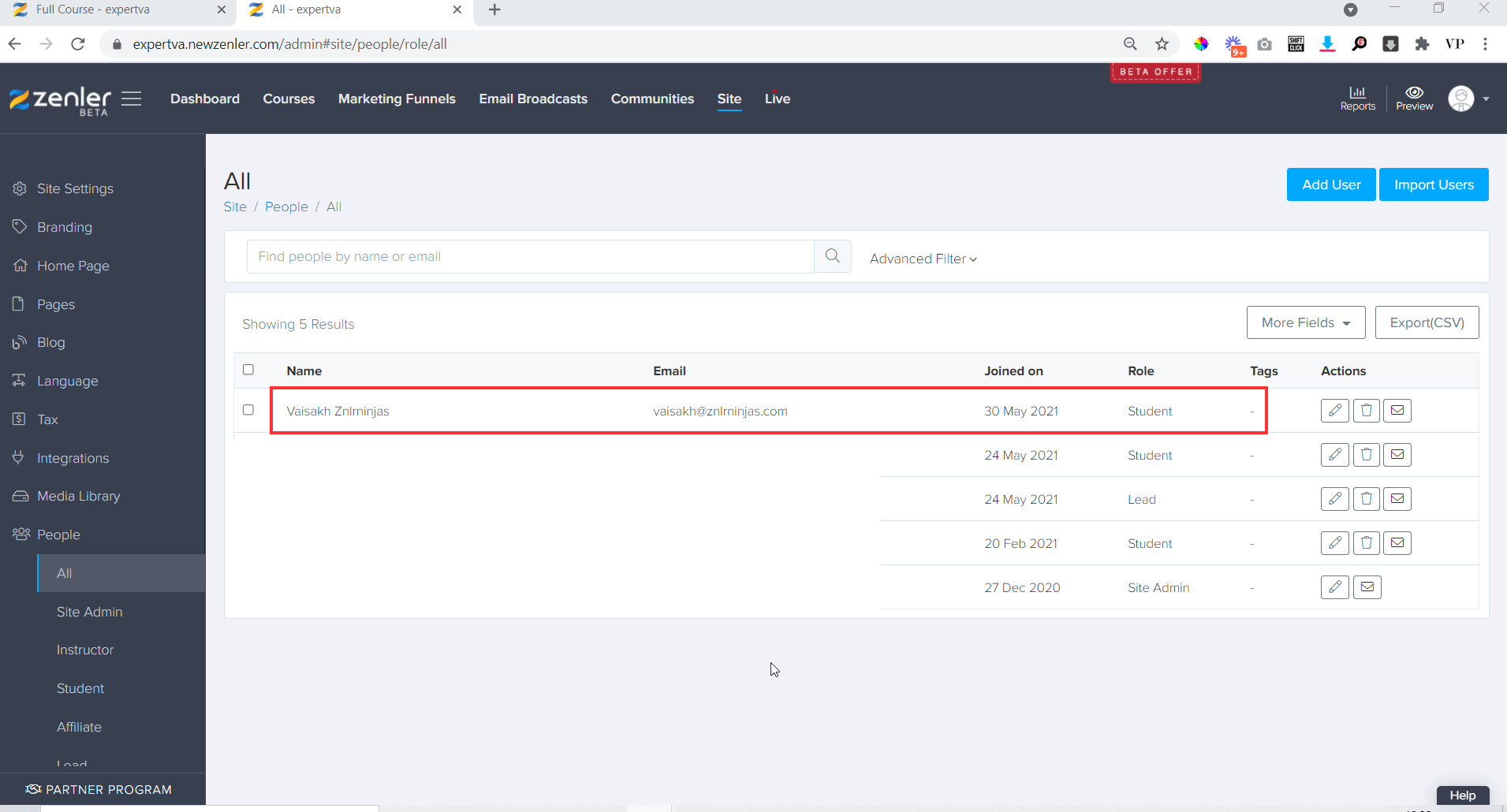 You can see that the stident is added to your site