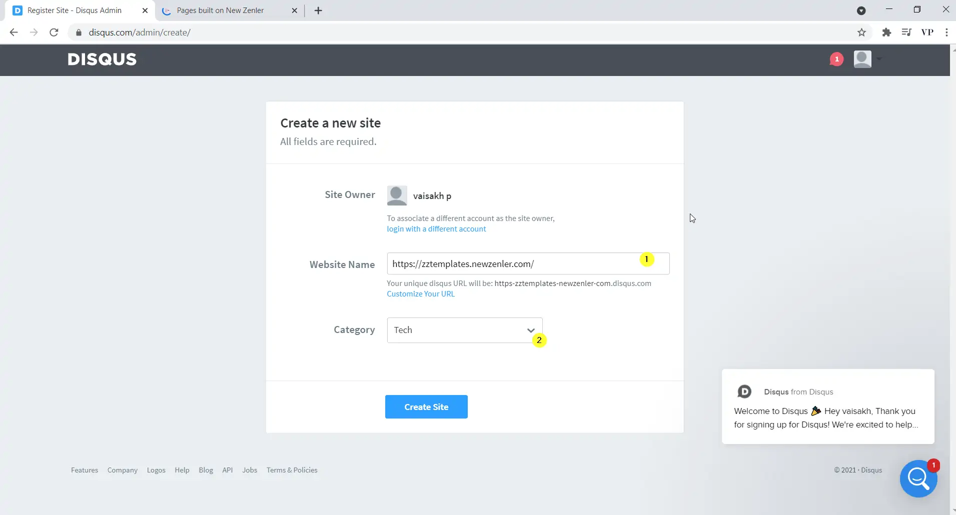 create site create a disqus site