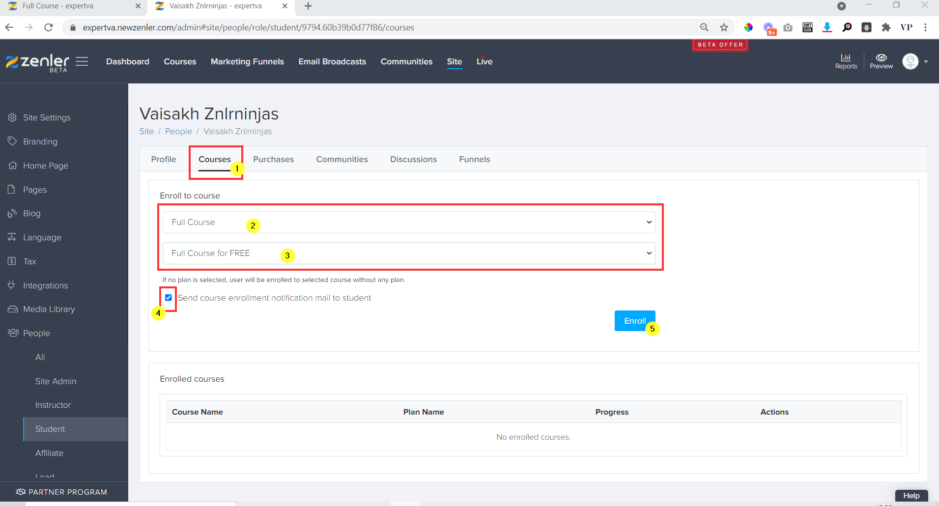 go to courses tab and select the course to enrol