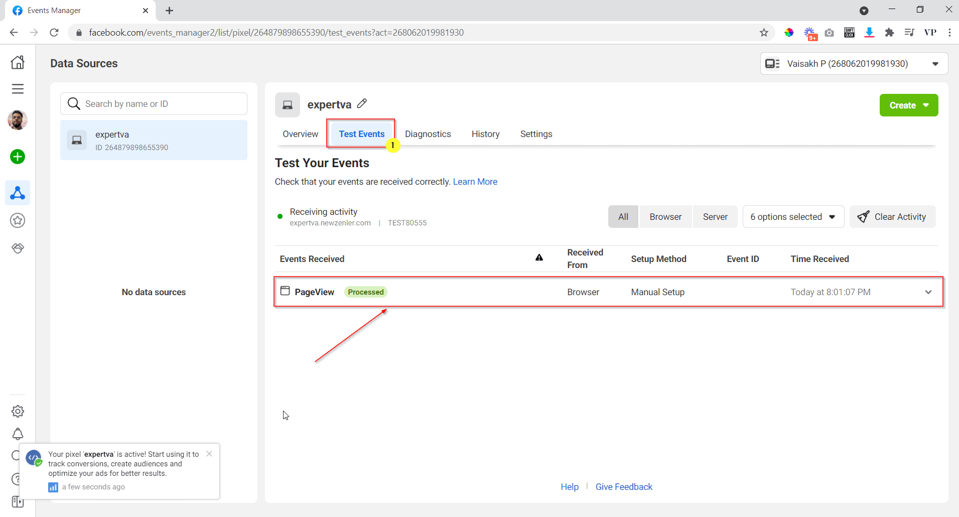 go to adsmanager and hit on test events, you can see that it has started processing the page view go to adsmanager and hit on test events, you can see that it has started processing the page view