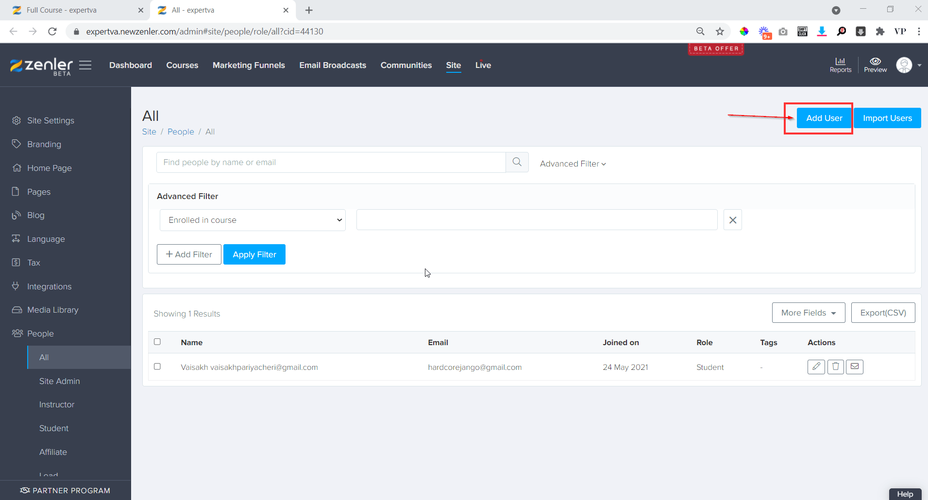 new window will come, clivk on add uset