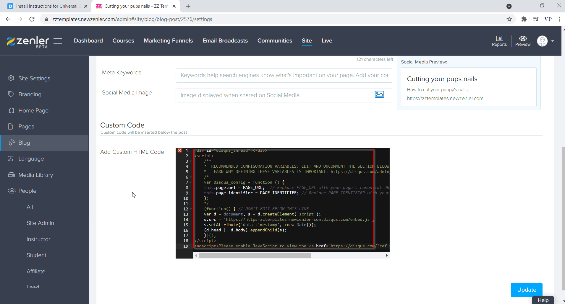 paste the code and click on update paste the code and click on update