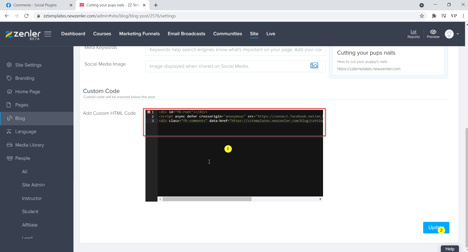 paste the code and click update paste the code and click update