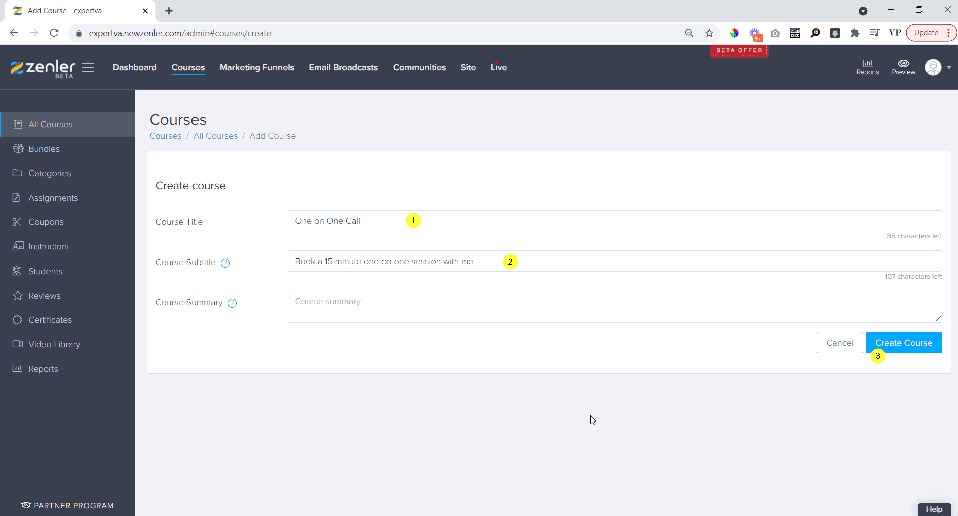 put in the course name and description and click on create course put in the course name and description and click on create course
